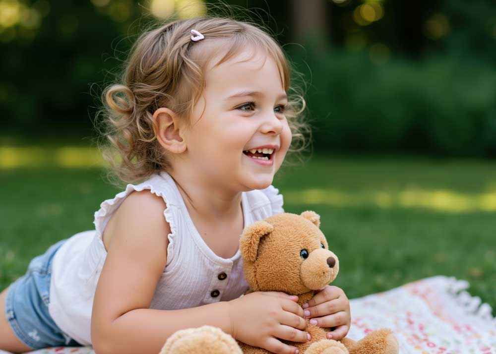 image of little girl on lawn with teddy bear