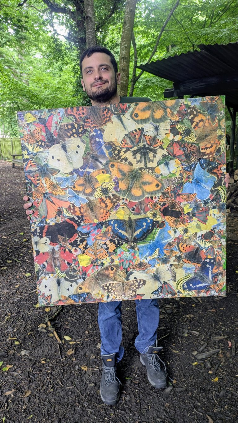 brunnete man holding up a collage of butterfly art on a wooden square
