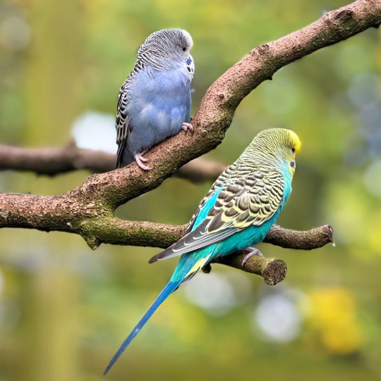 Picture of two budgies in the aviary at the Rare Breeds Centre