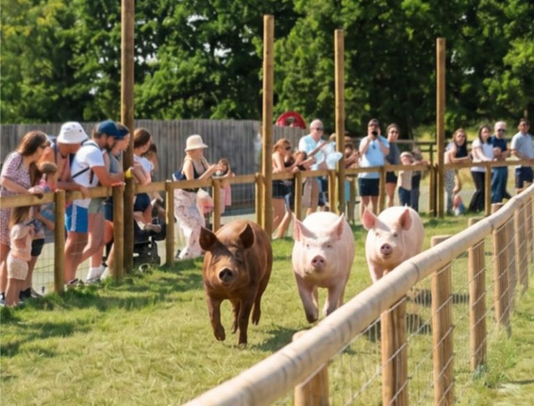 Pigs racing with people cheering them on